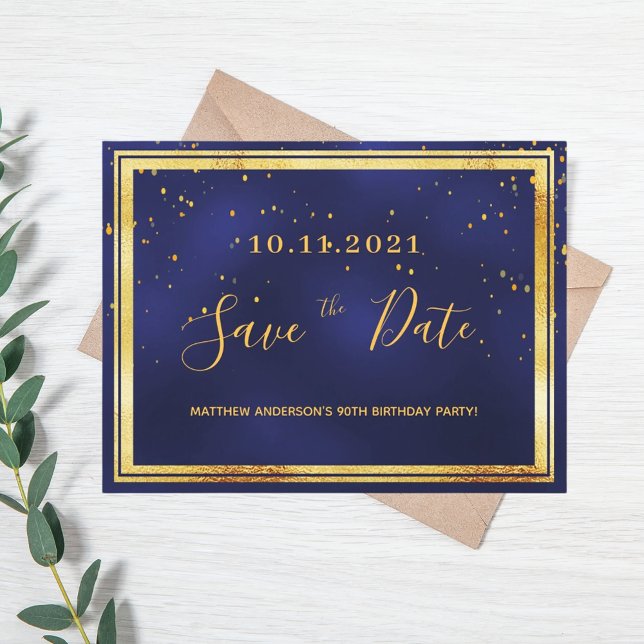 90th birthday dark blue gold save the date postcard (Creator Uploaded)