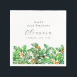 90th Birthday December Birth Flower Holly Custom Napkin<br><div class="desc">Perfect table decor for a December birthday party. Holly is the birth flower for that month. It forms a pretty watercolor bottom border on this festive personalised napkin. The birthday celebrant's name,  age and birthdate are placed above it using elegant calligraphy and typography. All text is editable.</div>