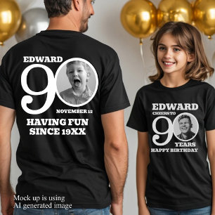 90th Birthday doubled sided photo name white text T-Shirt