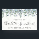 90th Birthday Dusty Blue Floral Welcome Banner<br><div class="desc">Welcome your guests with this elegant birthday party welcome sign. Pretty dusty blue roses,  peonies and wildflowers decorate the top border. A classic and easy-to-read font combination takes only minutes to personalise.</div>