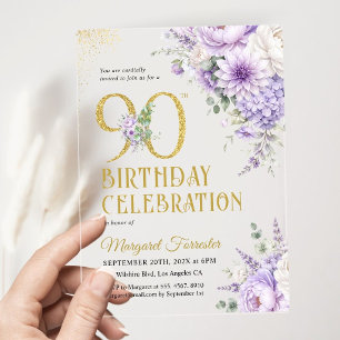 90th Birthday Dusty Purple Floral Gold Glitter Acrylic Invitations