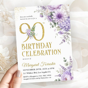 90th Birthday Dusty Purple Floral Gold Glitter Invitation