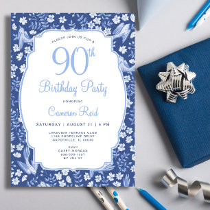 90th Birthday Elegant Blue Floral Feminine Bird Invitation