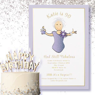 90th Birthday Elegant Blue Gold Female Cartoon Invitation