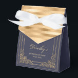 90th Birthday Elegant Dark Navy Gold Framed Script Favour Box<br><div class="desc">Thank birthday party guests with these elegant favour boxes, featuring an ornate rectangular faux gold frame on a dark navy blue background, with a faux gold foil and satin striped back and flap. Personalise them with the guest of honour's name in gold coloured script, along with the occasion and date...</div>