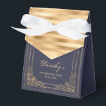 90th Birthday Elegant Dark Navy Gold Framed Script Favour Box<br><div class="desc">Thank birthday party guests with these elegant favour boxes, featuring an ornate rectangular faux gold frame on a dark navy blue background, with a faux gold foil and satin striped back and flap. Personalise them with the guest of honour's name in gold coloured script, along with the occasion and date...</div>