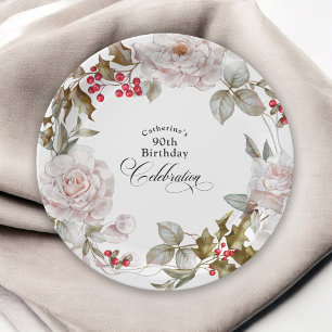 90th Birthday Elegant December Floral Paper Plate