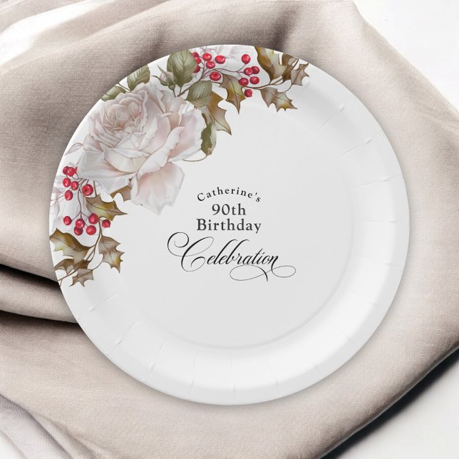 90th Birthday Elegant December Winter Floral Paper Plate (Creator Uploaded)
