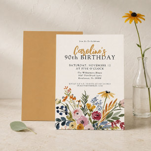 90th Birthday Elegant Fall Watercolor Floral Invitation