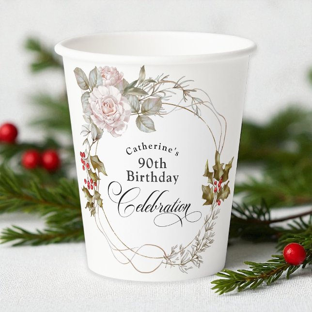 90th Birthday Elegant Feminine Floral December Paper Cups (Creator Uploaded)