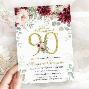 90th Birthday Elegant Floral Burgundy & Blush Pink Invitation