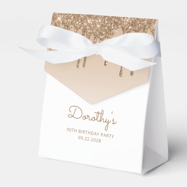 90th Birthday Elegant Gold Glitter Drip Script Favour Box (Front Side)