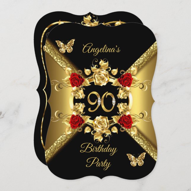 90th Birthday Elegant Gold Red Roses Black Invitation (Front/Back)
