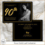 90th Birthday Elegant Photo Black Faux Gold Leaf Invitation<br><div class="desc">This 90th Birthday Elegant Photo Black with Faux Gold Leaf Invitation is perfect for either a woman or a man celebrating their milestone 90th birthday. This invitation featuring a faux gold leaf 90th is easily customisable with all of your event's details, with the person's name on the front, and the...</div>