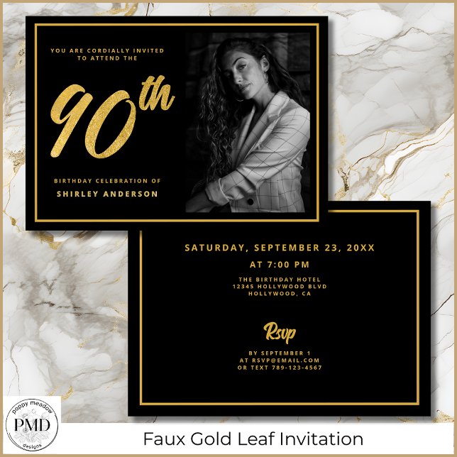 90th Birthday Elegant Photo Black Faux Gold Leaf Invitation (90th Birthday Elegant Photo Black and Faux Gold Leaf Invitation with Party Details on the Back.)