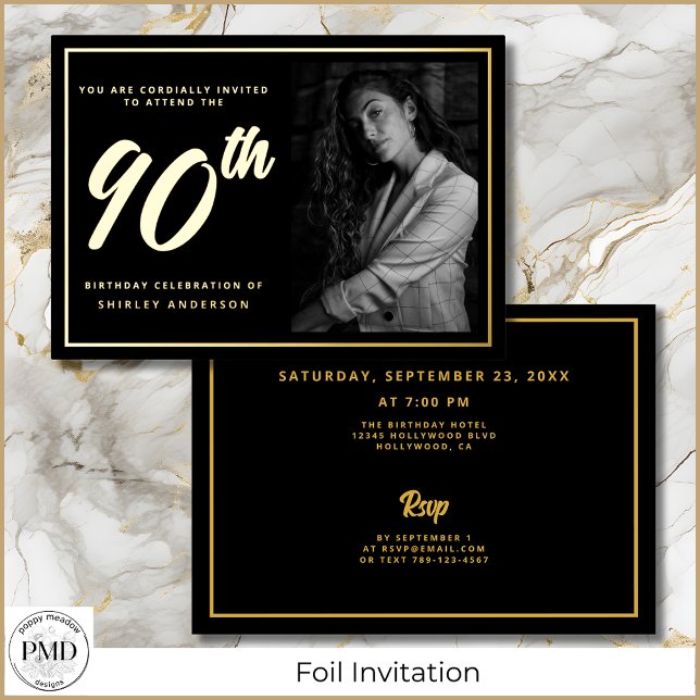 90th Birthday Elegant Photo Black Gold  (90th Birthday Elegant Photo Black and Gold Foil Invitation with Party Details on the Back.)