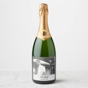90th Birthday Elegant Photo Monogram Black White Sparkling Wine Label