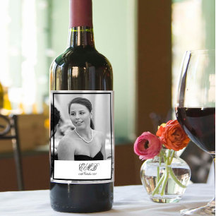 90th Birthday Elegant Photo Monogram Black White Wine Label