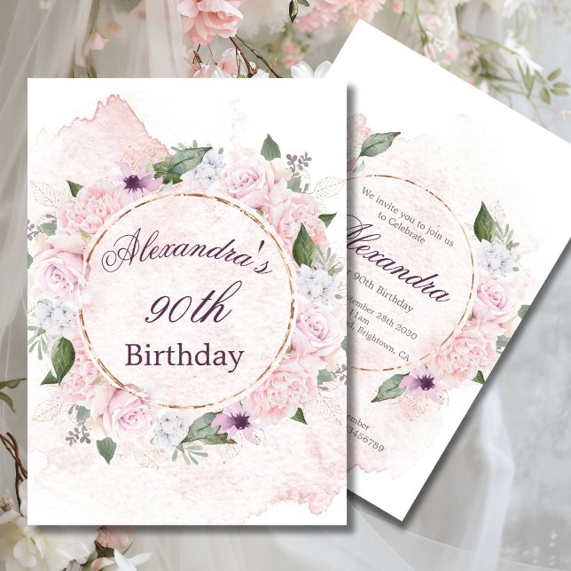 90th Birthday Elegant Pink Roses  Invitation (Creator Uploaded)