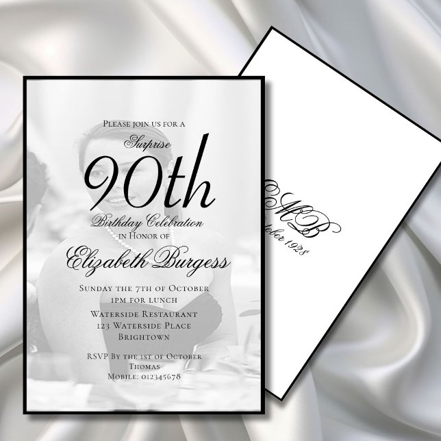 90th Birthday Elegant Single Photo Birthday Invitation (Creator Uploaded)