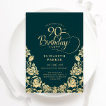 90th Birthday Emerald Green Gold Roses Invitation<br><div class="desc">Emerald green gold elegant 90th birthday party invitation. Classy design featuring roses,  faux gold foil and typography script font. Trendy invite card perfect for a stylish female bday celebration. Personalise with your own details. Can be customised to any age. Printed Zazzle invitations or instant download digital printable template.</div>