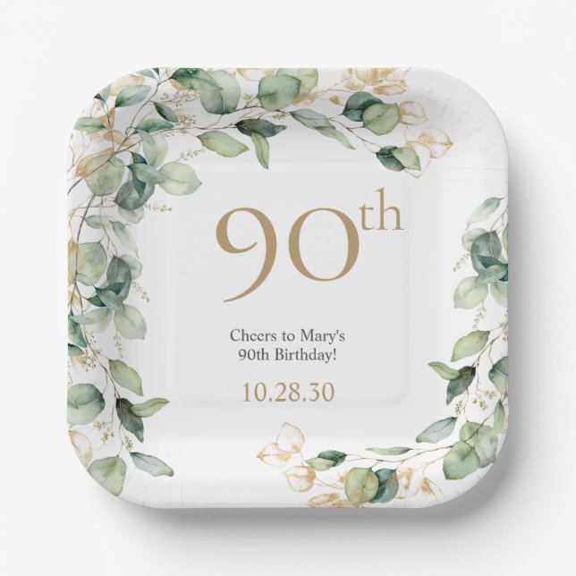 90th Birthday Eucalyptus Paper Plate (Front)