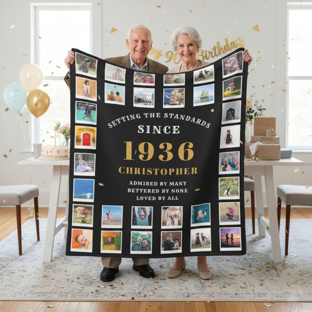 90th Birthday Family Memories Photo Collage  Fleece Blanket (Born 1936 fleece blanket held by a couple.)