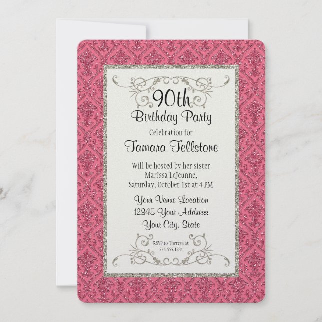 90th Birthday Faux Gold Glitter Damask Pattern Invitation (Front)
