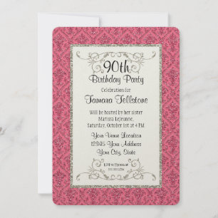 90th Birthday Faux Gold Glitter Damask Pattern Invitation