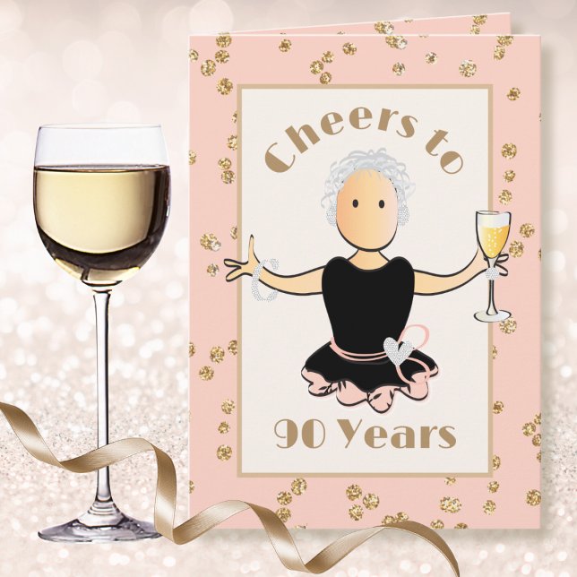 90th Birthday Female Cartoon Sparkle Champagne Card (Creator Uploaded)
