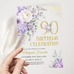90th Birthday Feminine Dusty Purple Gold Glitter Acrylic Invitations