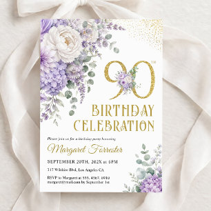 90th Birthday Feminine Dusty Purple Gold Glitter Invitation
