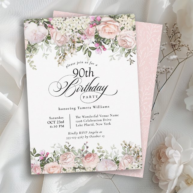 90th Birthday Feminine Pink Floral Calligraphy Invitation (Available in both printed and instant download digital formats.)
