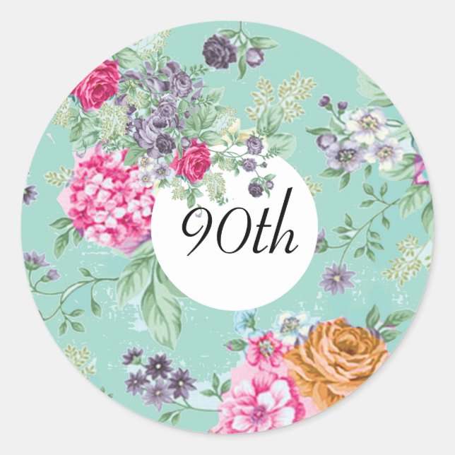 90th Birthday Floral Birthday Blue Classic Round Sticker (Front)