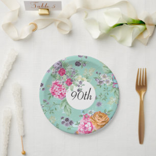 90th Birthday Floral Birthday Blue Paper Plate