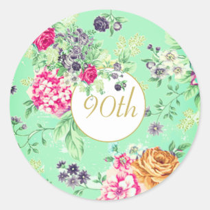 90th Birthday Floral Birthday Green Gold Classic Round Sticker