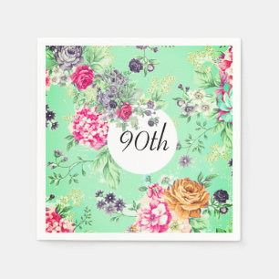 90th Birthday Floral Birthday Green Napkin