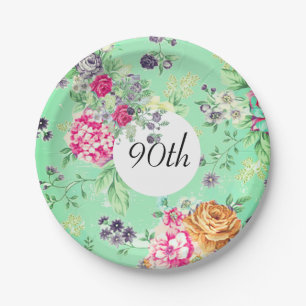 90th Birthday Floral Birthday Green Paper Plate