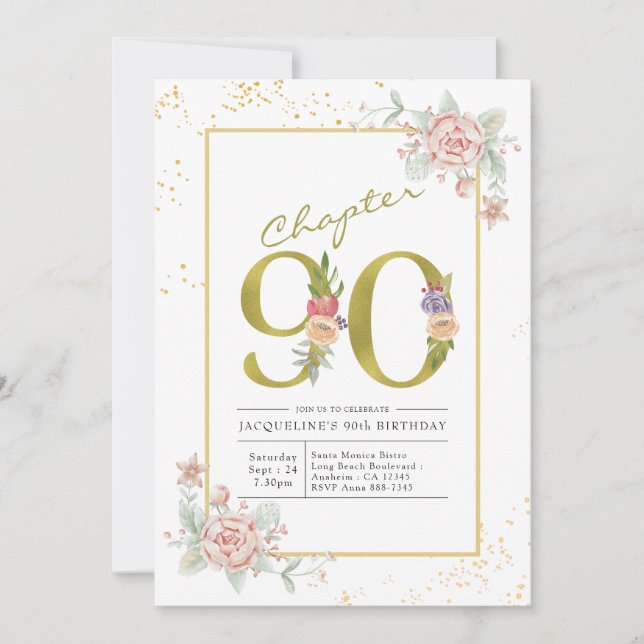 90th Birthday Floral Gold Script Invitation (Front)