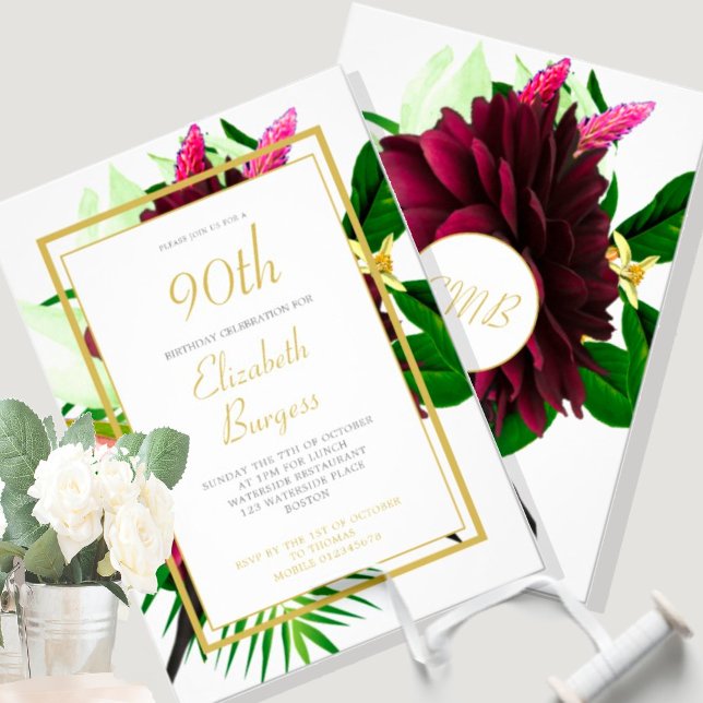 90TH Birthday Floral  Gold White Elegant Birthday Invitation (Creator Uploaded)