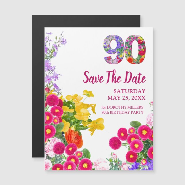 90th Birthday Floral Modern Save The Date Magnetic Invitation (Front/Back)