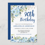 90th Birthday Floral Navy Blue Gold Glitter Dots Invitation<br><div class="desc">90th Birthday Navy Blue Script Floral Watercolor Gold Confetti Glitter Dots Invitation
The design features beautiful watercolor light blue and green florals.</div>