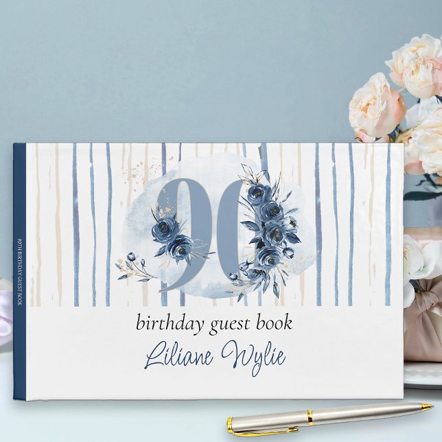 90th Birthday Floral Number Coastal Blue Guest Book (90th Birthday Party Guest Book from my Floral Number Birthday Party Collection)