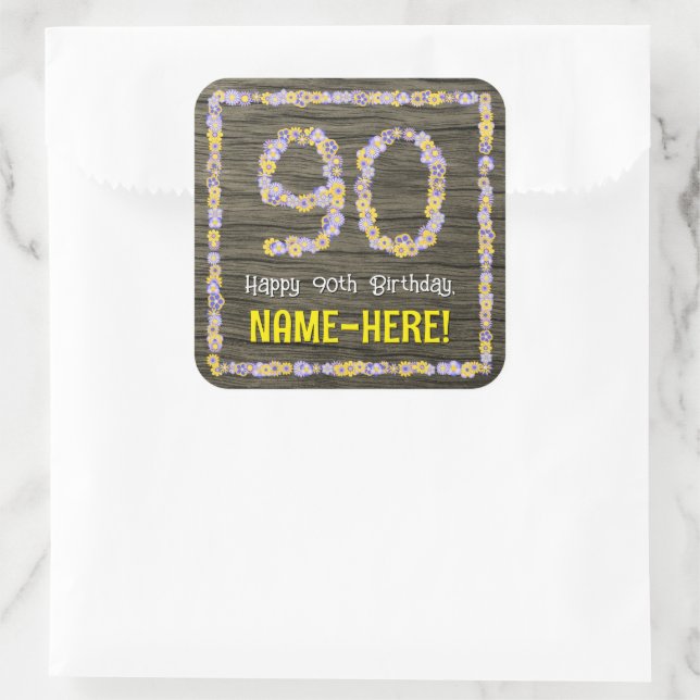 90th Birthday: Floral Number, Faux Wood Look, Name Square Sticker (Bag)