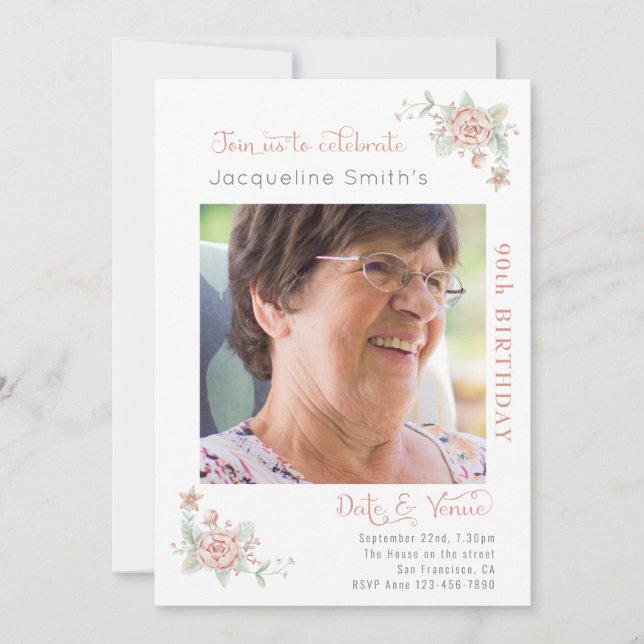 90th Birthday Floral Photo Invitation (Front)