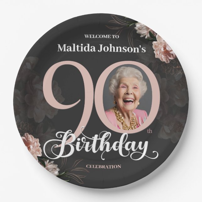 90th Birthday Floral Pink Grey Custom Photo Paper Plate (Front)