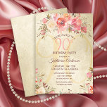 90th Birthday Floral Pink Roses Gold Shimmer Party Invitation<br><div class="desc">Invite your guests in style to a 90th birthday party with this vintage floral flat card invitation. This elegant design template features watercolor roses in shades of pink and peach with green leaves on a gold shimmering background. In the centre is a large number "90th" in modern pink typography. Below...</div>