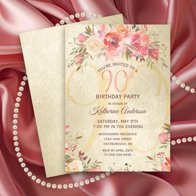 90th Birthday Floral Pink Roses Gold Shimmer Party Invitation (Elegant 90th Birthday Party Invitation with pink roses and gold shimmer.)