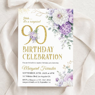 90th Birthday Floral Purple Gold Glitter Surprise Invitation