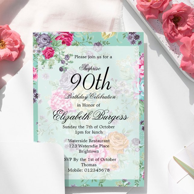 90th Birthday  Floral Rose Personal Birthday Invitation (Creator Uploaded)